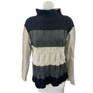 Qi 100% Cashmere Colorblock Cable Knit Funnel Neck Long Sleeve Sweater Top Sz M